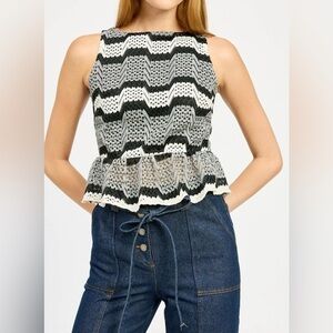 En Saison Genesis Stripe Open Stitch Sleeveless Peplum Sweater Size M